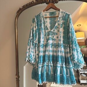 ANTICA SARTORIA by Giacomo Cinque aqua & white V neck pompom dress & coverup
